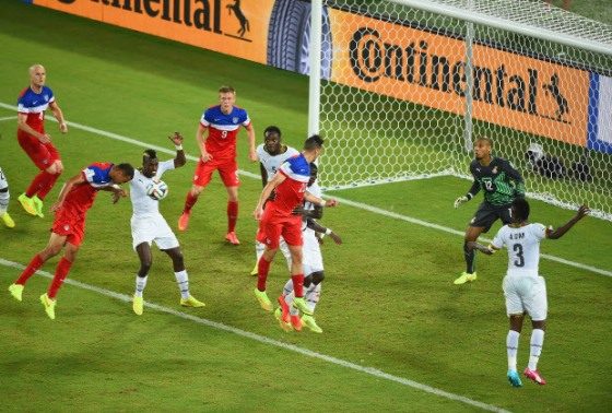  John Brooks of the United States scores his team's second goal on a header past Adam Kwarasey of Ghana during the 2014 FIFA World Cup Brazil Group G match between Ghana and the United States at Estadio das Dunas on June 16, 2014 in Natal, Brazil.  (Photo by Laurence Griffiths/Getty Images)